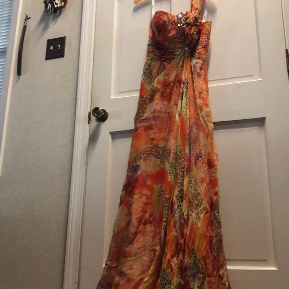 One Shoulder Orange TonyB Prom Formal Dress - Picture 5 of 8